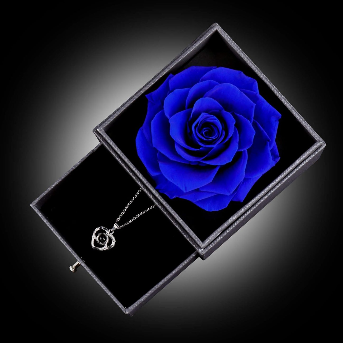 Preserved Real Blue Flower Rose with Silver-Tone Heart Necklace