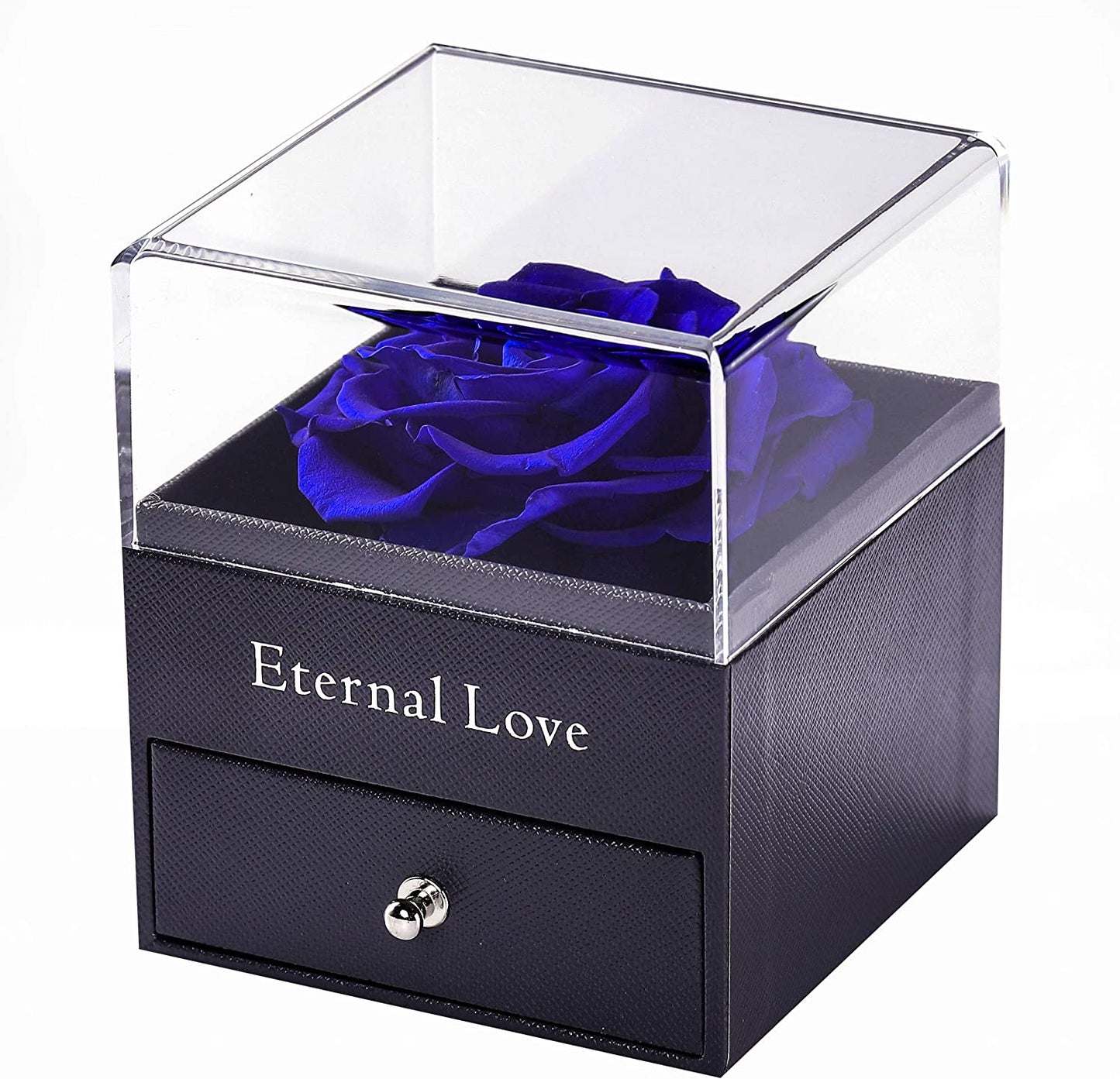Preserved Real Blue Flower Rose with Silver-Tone Heart Necklace