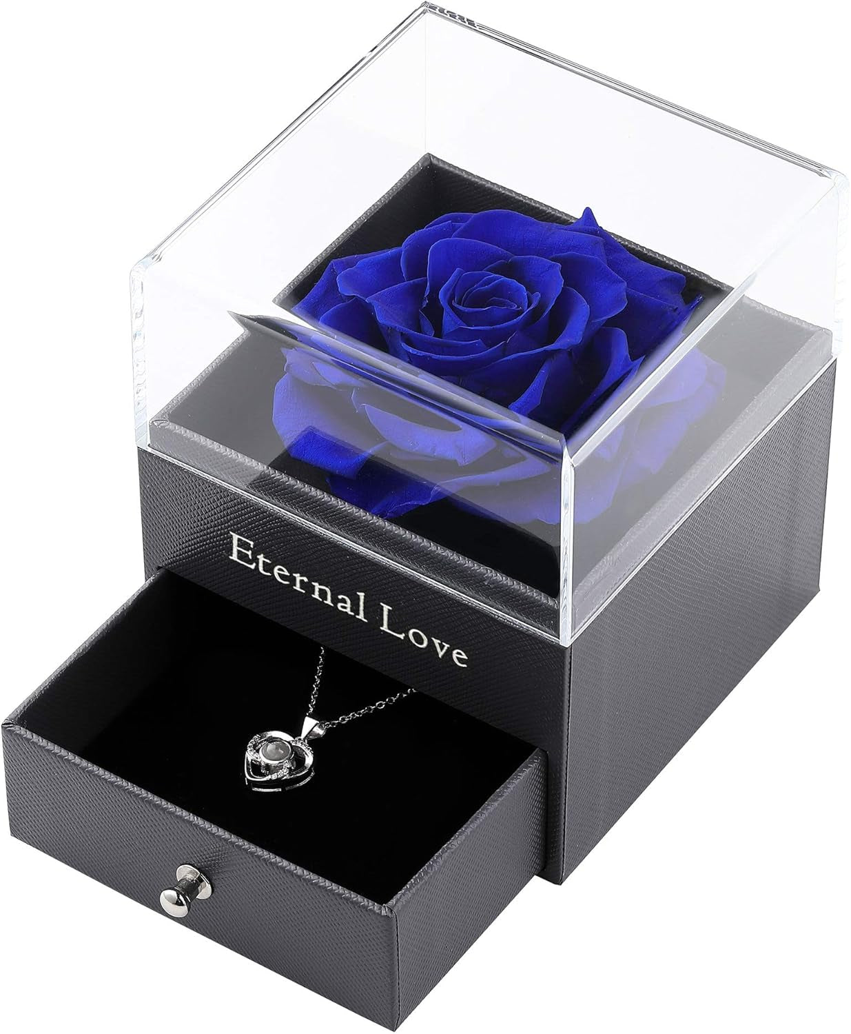 Preserved Real Blue Flower Rose with Silver-Tone Heart Necklace