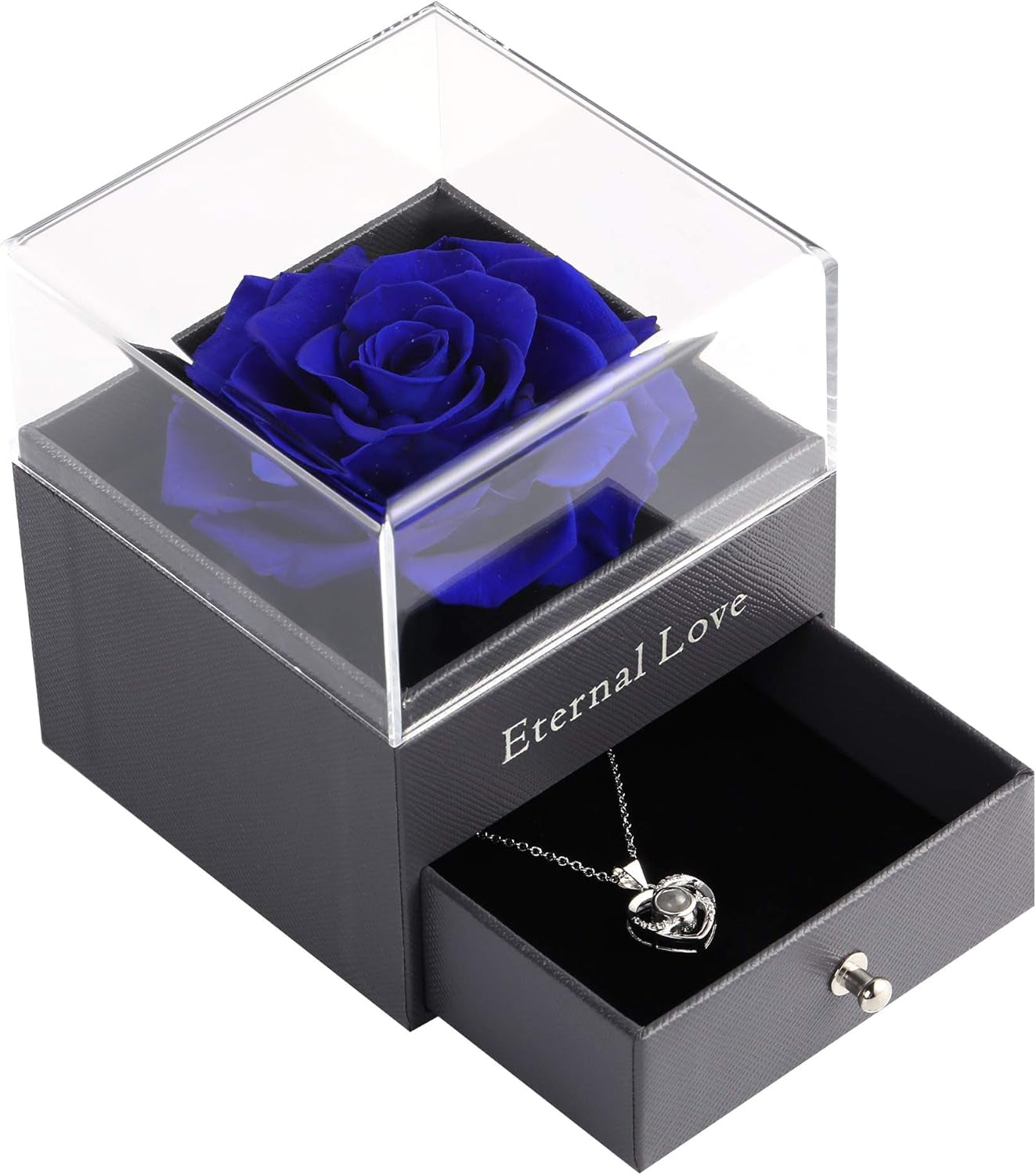 Preserved Real Blue Flower Rose with Silver-Tone Heart Necklace