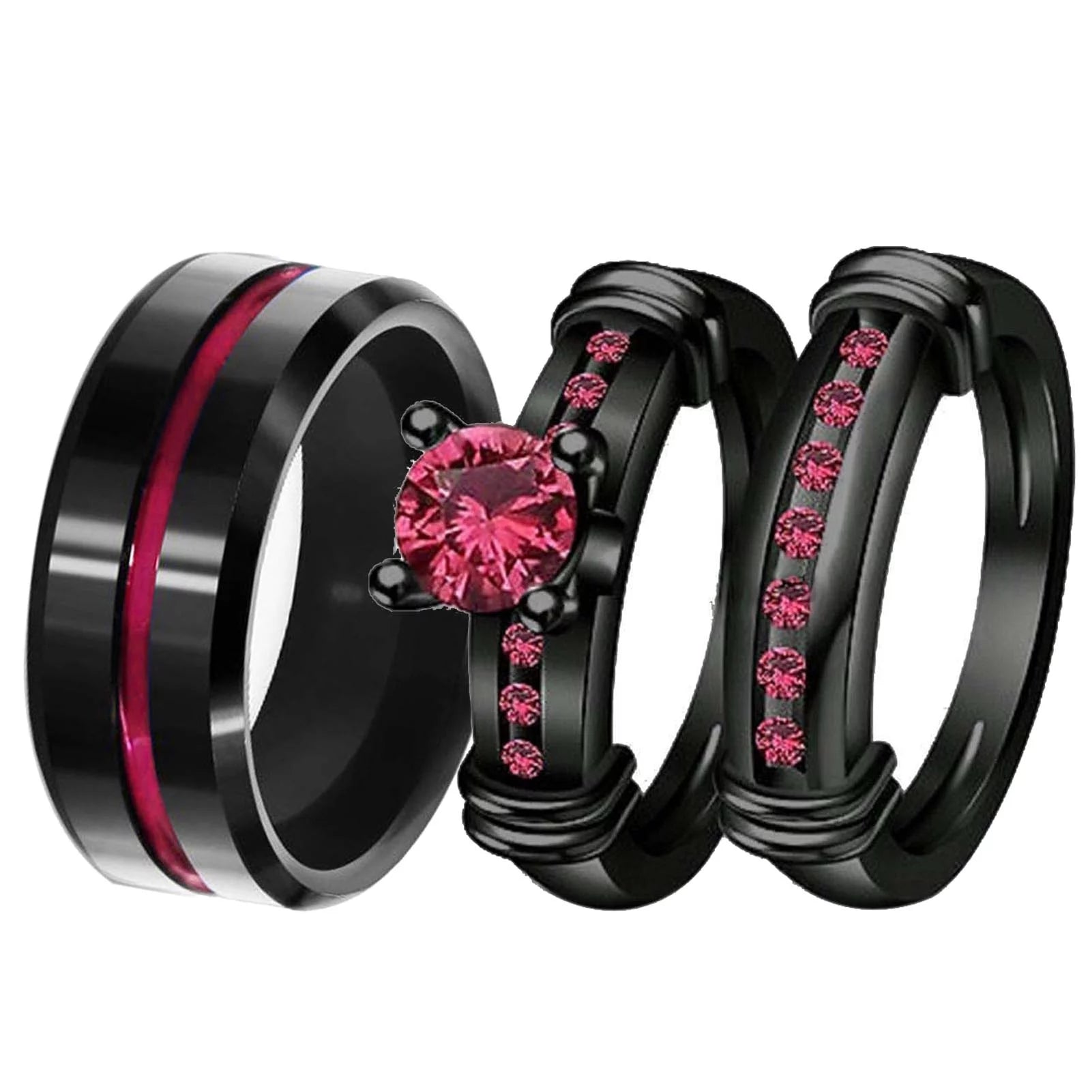 Matching Ring Couple Rings Black Gold Plated 1CT Red CZ Wedding Ring Sets Titanium Male Ring