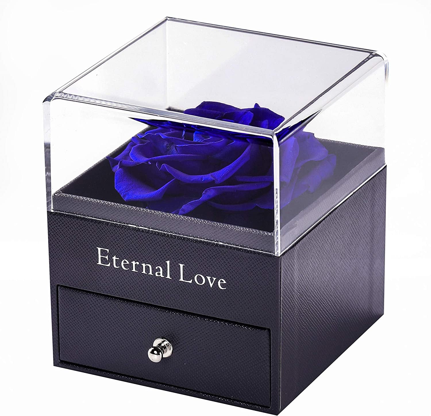 Preserved Real Blue Flower Rose with Silver-Tone Heart Necklace