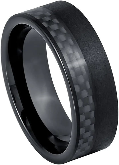 Ring for Men and Women Black IP Plated & Black Carbon Fiber Inlay – 8Mm Wedding Band Ring Ideal Rings for Couples