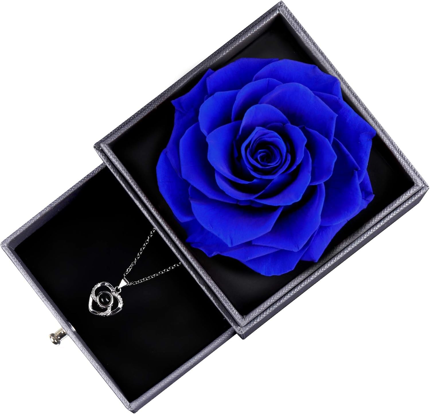 Preserved Real Blue Flower Rose with Silver-Tone Heart Necklace