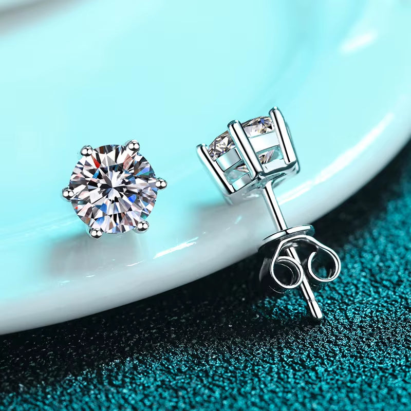 Moissanite Stud Earrings 14K White Gold Plated Sterling Silver D VVS1 Lab Diamond 6 Claws round Ear Studs for Women