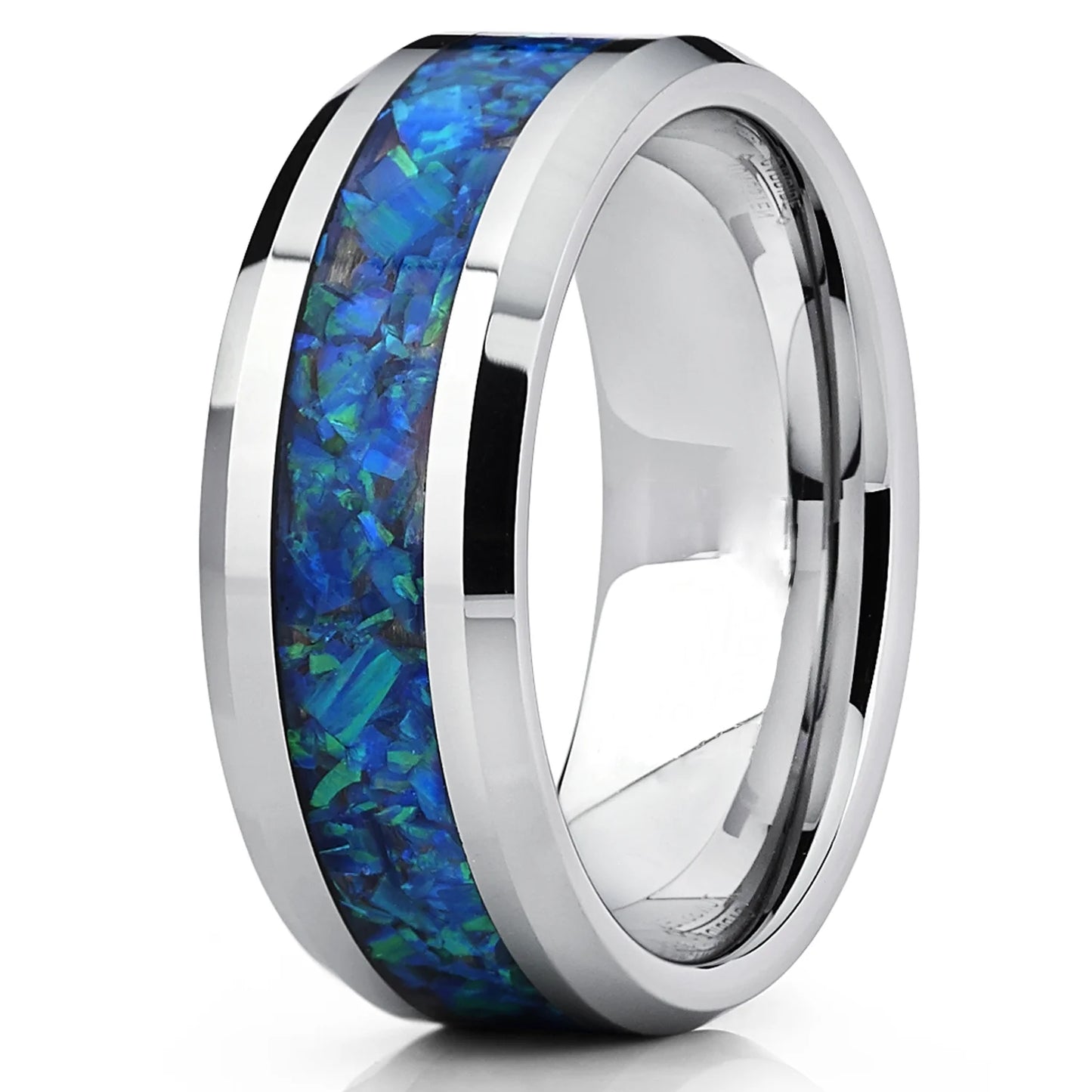 Men'S 8MM Tungsten Carbide Wedding Band Ring with Blue Green Simulated Opal Inlay 8MM Size 10