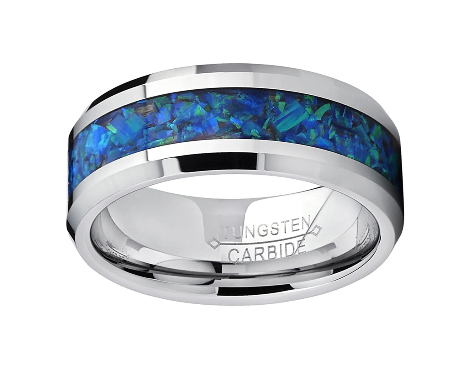 Men'S 8MM Tungsten Carbide Wedding Band Ring with Blue Green Simulated Opal Inlay 8MM Size 10