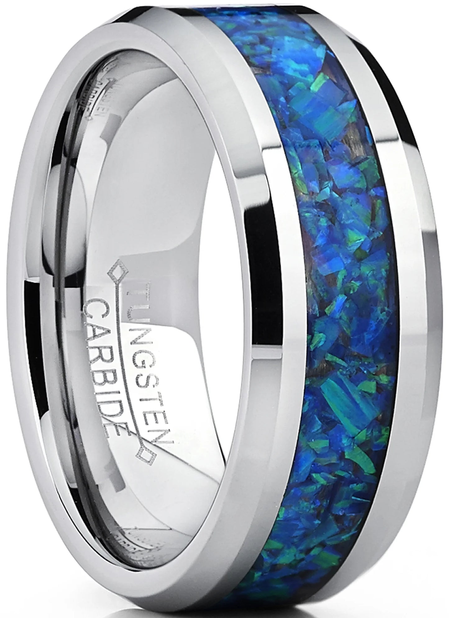 Men'S 8MM Tungsten Carbide Wedding Band Ring with Blue Green Simulated Opal Inlay 8MM Size 10