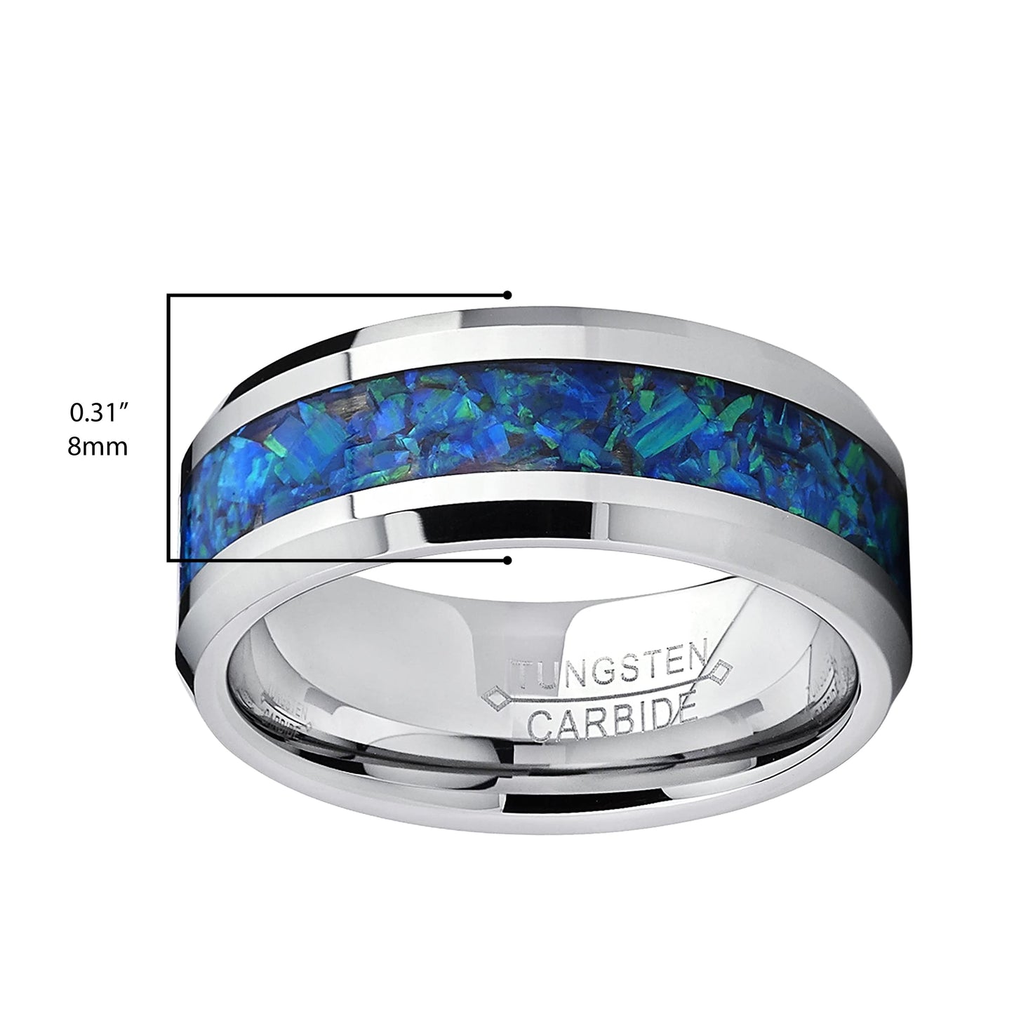 Men'S 8MM Tungsten Carbide Wedding Band Ring with Blue Green Simulated Opal Inlay 8MM Size 10