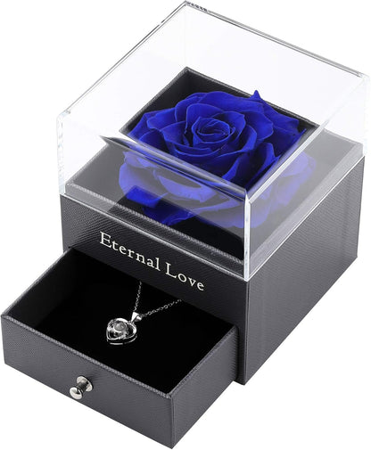 Preserved Real Blue Flower Rose with Silver-Tone Heart Necklace
