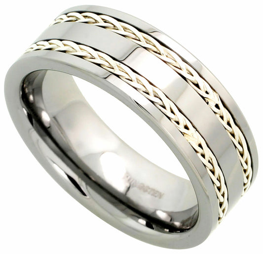 Tungsten Ring Men Wedding Band Double Sterling Silver Rope Inlay Comfort Fit 8Mm