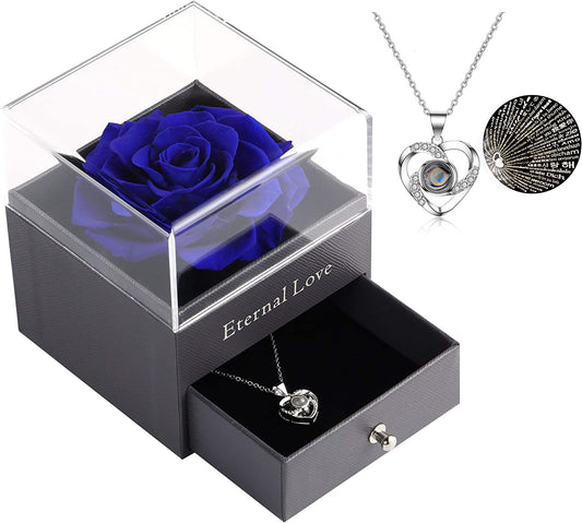 Preserved Real Blue Flower Rose with Silver-Tone Heart Necklace